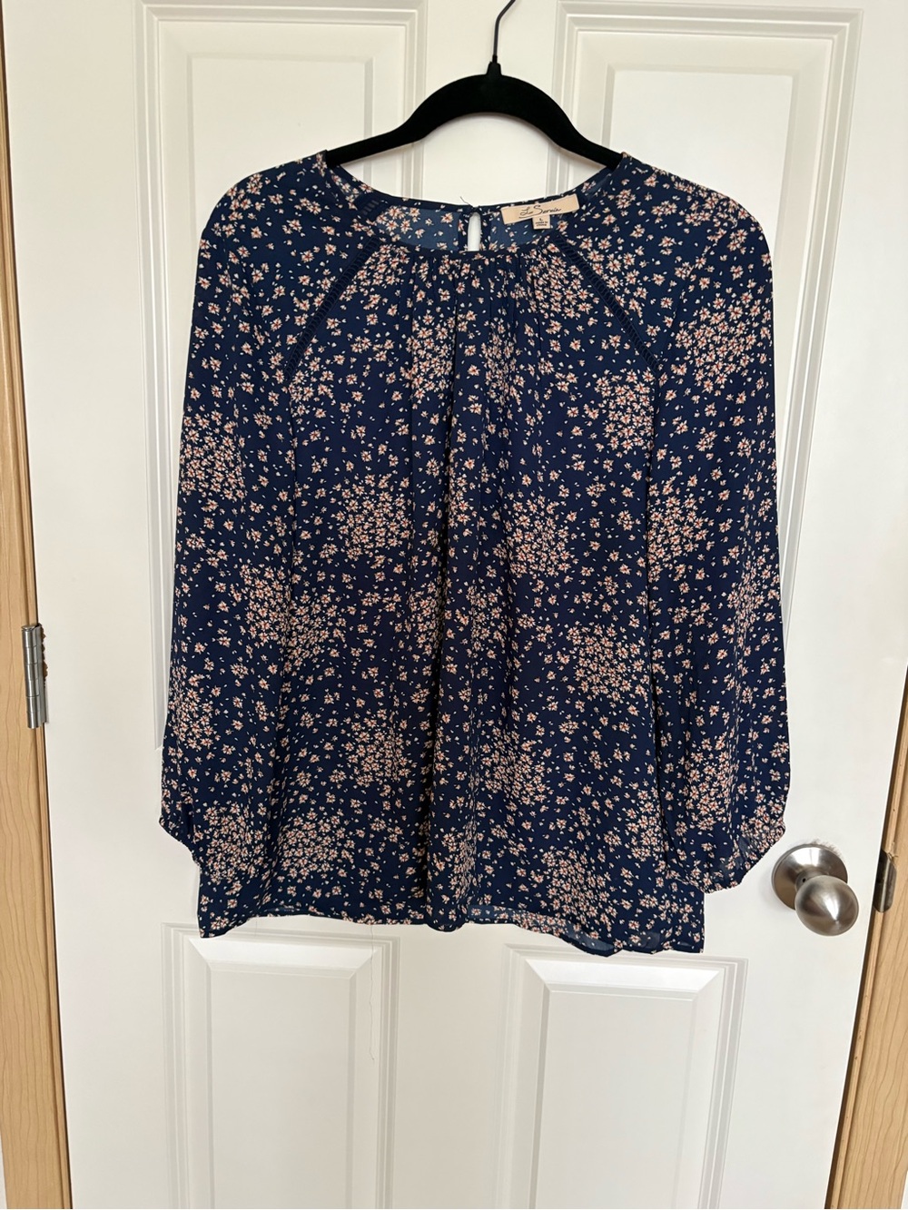 Navy Floral Long‑Sleeve Peasant Blouse with Pink Accents